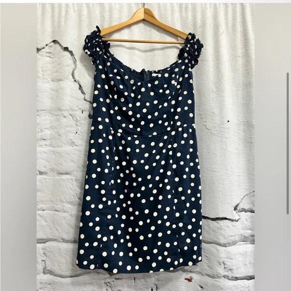 Abercrombie & Fitch Polka Dot Mini Dress Navy Linen Off the Shoulder Romantic - Picture 3 of 6